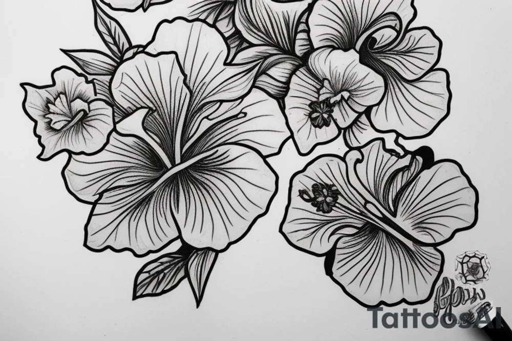 hibiscus flower with some leaves and lord kali tattoo idea