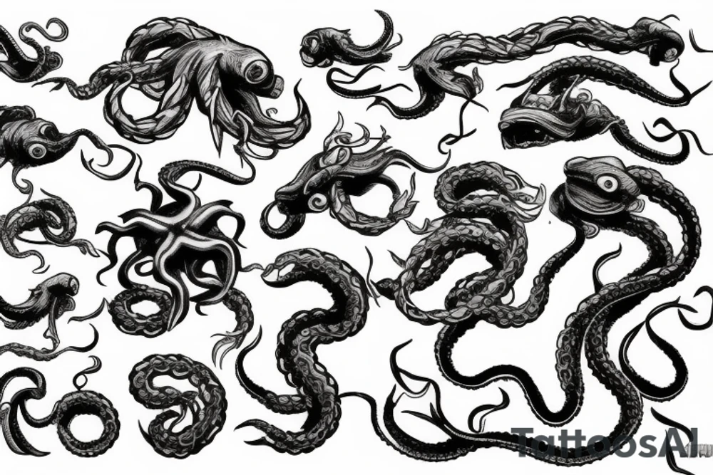 Kraken fighting with ships in the ocean tattoo idea