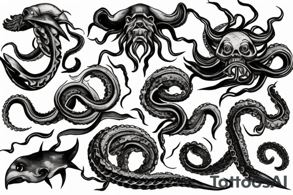Kraken fighting with ships in the ocean tattoo idea