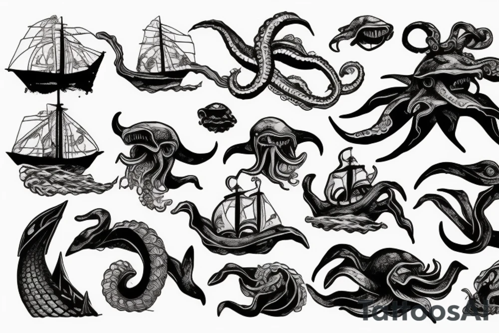 The Kraken fighting with ships in the ocean tattoo idea