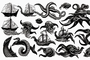 The Kraken fighting with ships in the ocean tattoo idea