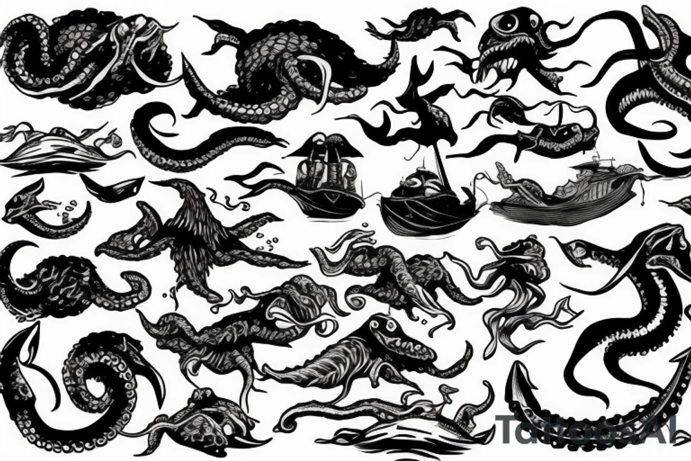 The Kraken fighting with ships in the ocean tattoo idea