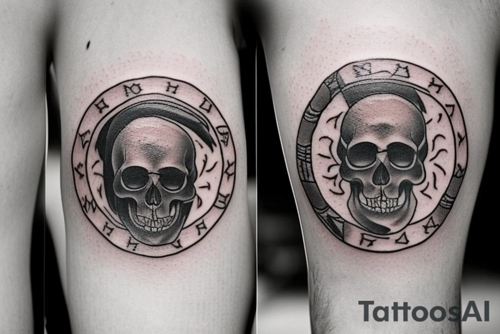a 2 piece tattoo with the the first part being a pirate skull with the words "burn the ships" in a circle around the skull. The second part is a pirate ship on fire that says "burn the ships" in a circle around the pirate ship. The font is elegant and scratchy. tattoo idea