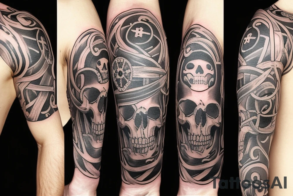 a 2 piece tattoo with the the first part being a pirate skull with the words "burn the ships" in a circle around the skull. The second part is a pirate ship on fire that says "burn the ships" in a circle around the pirate ship. The font is elegant and scratchy. tattoo idea