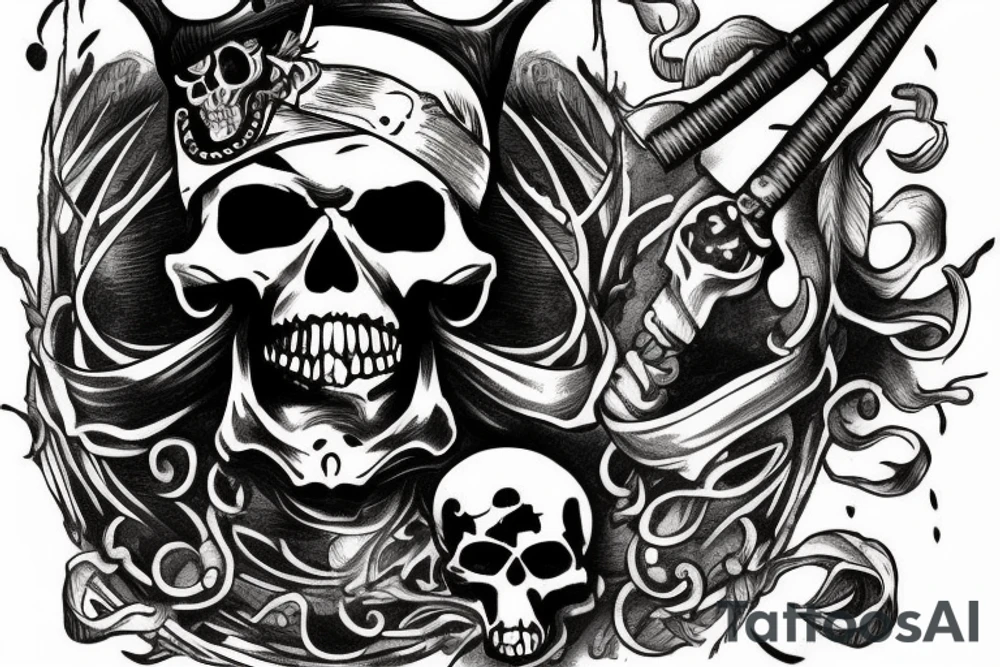 a pirate skull without a hat and a sword through his head diagonally tattoo idea