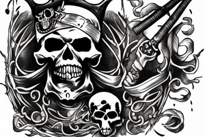a pirate skull without a hat and a sword through his head diagonally tattoo idea