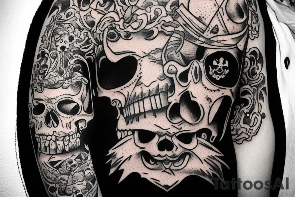 a pirate skull without a hat and a sword through his head diagonally tattoo idea