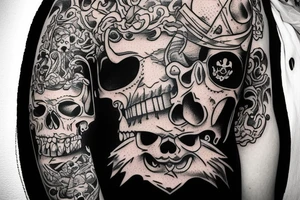 a pirate skull without a hat and a sword through his head diagonally tattoo idea
