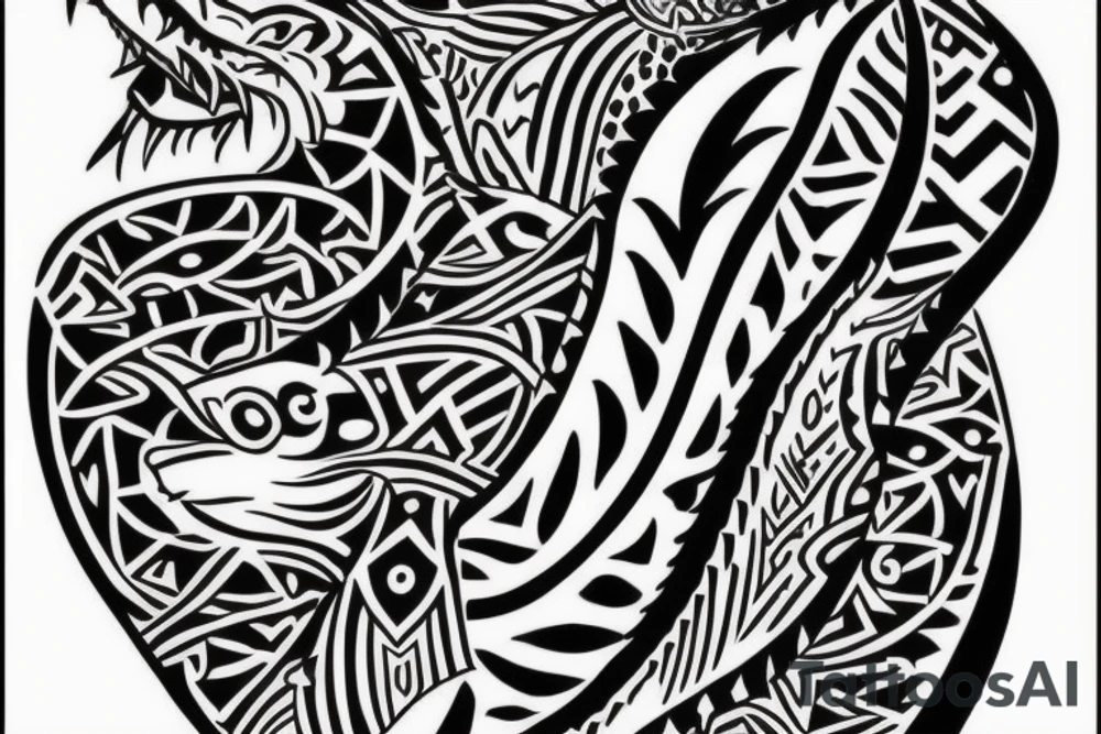 tattoo design which would include motives like complex shark teeth, spearhead pattern, enata pattern and a lizard fitting right in the middle of it. The color would be only black with some red points in patterns tattoo idea