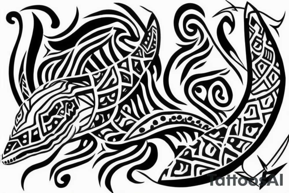 tattoo design which would include motives like complex shark teeth, spearhead pattern, enata pattern and a lizard fitting right in the middle of it. The color would be only black with some red points in patterns tattoo idea