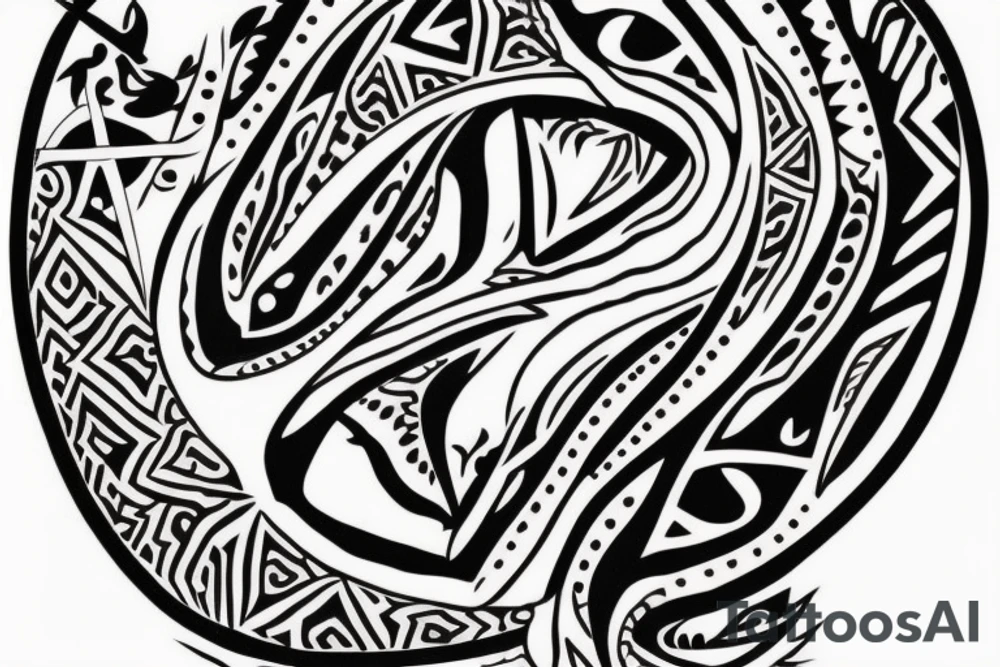 tattoo design which would include motives like complex shark teeth, spearhead pattern, enata pattern and a lizard fitting right in the middle of it. The color would be only black with some red points in patterns tattoo idea
