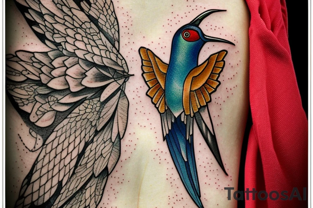 broken sword, humming bird perched on the pommel, wrap around banner with text "I need my golden crown of sorrow
My bloody sword to swing
My empty halls to echo with grand self-mythology
I am no mother, I am no bride, I am..." around the hilt and broken blade tattoo idea