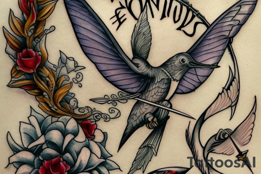 broken sword, humming bird perched on the pommel, wrap around banner with text "I need my golden crown of sorrow
My bloody sword to swing
My empty halls to echo with grand self-mythology
I am no mother, I am no bride, I am..." around the hilt and broken blade tattoo idea