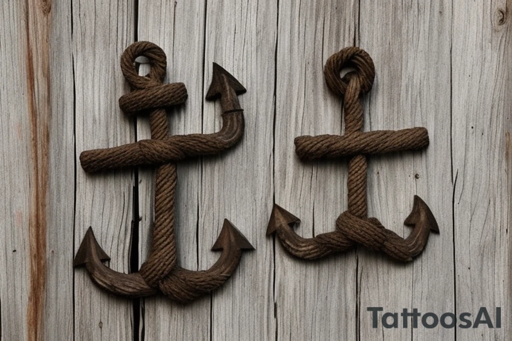 "Create a rustic-inspired anchor by using reclaimed wood from an old barn or ship, and natural rope that has been weathered and worn for a genuine and authentic look. Incorporate natural knots and imperfections in the design to give the anchor a truly rustic and authentic appearance." tattoo idea