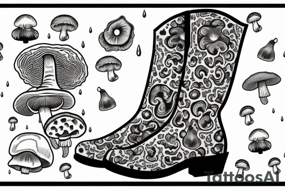raindrop cloud with swirls raindrops and cowboy boot and mushrooms tattoo idea