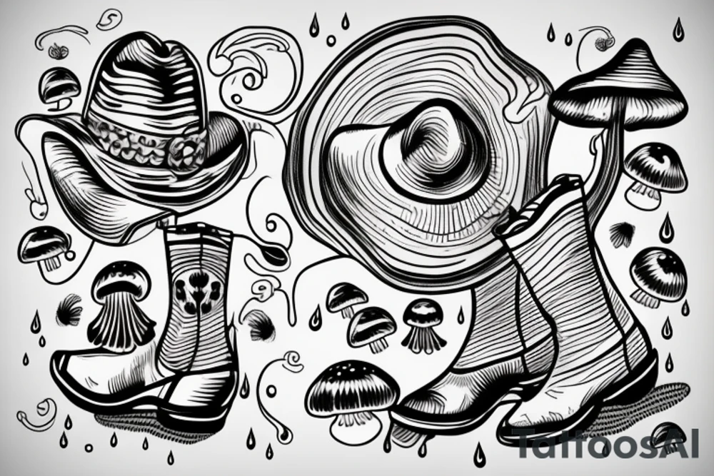 raindrop cloud with swirls raindrops and cowboy boot and mushrooms tattoo idea