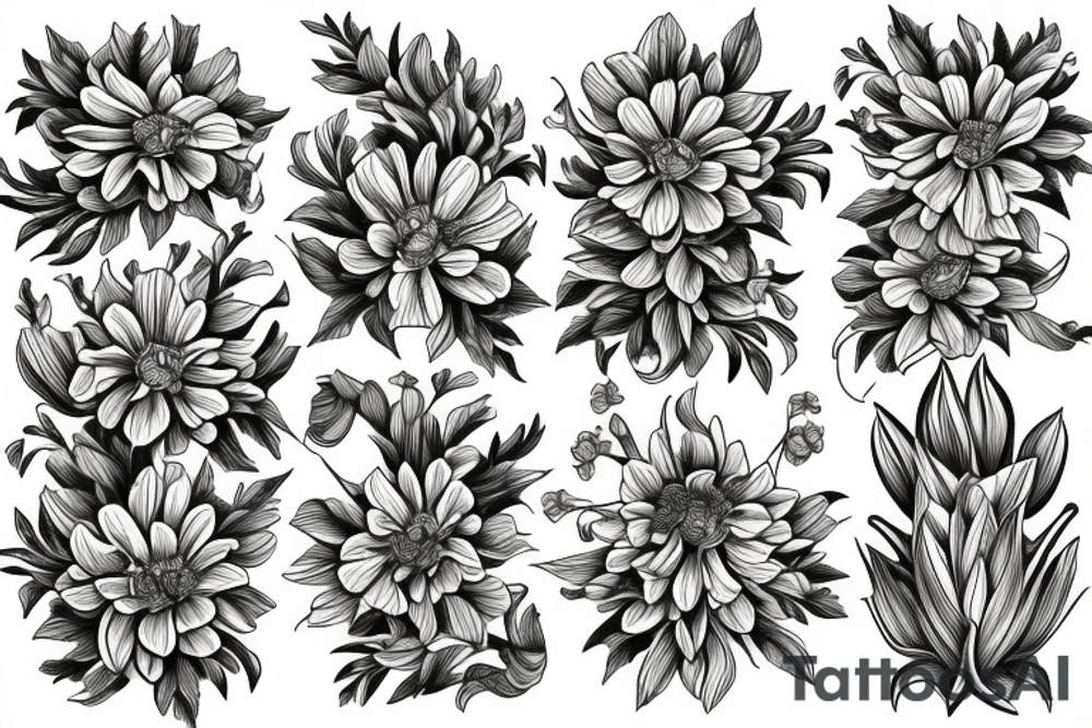 Marigold flower woven together with a larspur flower and a Lilly of the valley flower tattoo idea