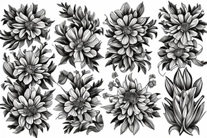 Marigold flower woven together with a larspur flower and a Lilly of the valley flower tattoo idea