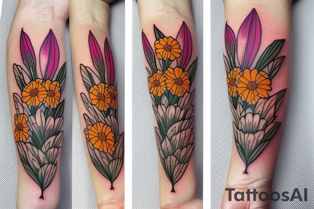 Marigold flower woven together with a larspur flower and a Lilly of the valley flower tattoo idea