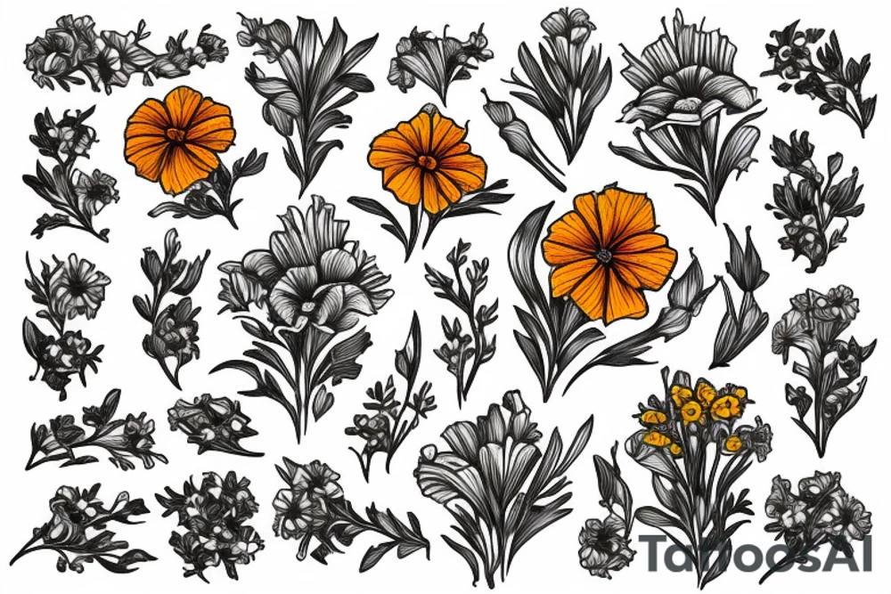 Marigold flower woven together with a larkspur flower and a Lilly of the valley flower tattoo idea