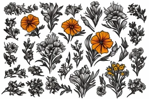 Marigold flower woven together with a larkspur flower and a Lilly of the valley flower tattoo idea