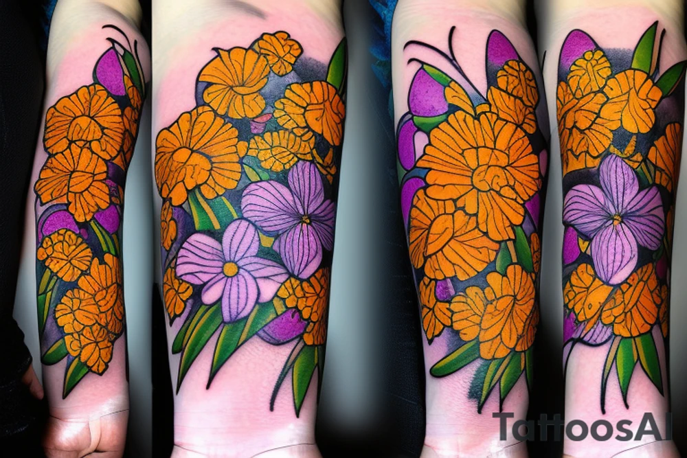 Marigold flower woven together with a larkspur flower and a Lilly of the valley flower tattoo idea