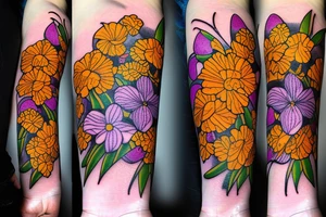 Marigold flower woven together with a larkspur flower and a Lilly of the valley flower tattoo idea