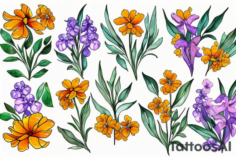 Marigold flower, larkspur flower and Lilly of the valley flower tattoo idea