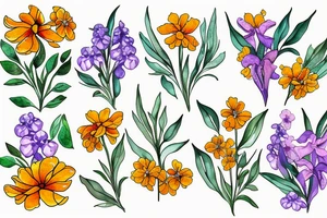 Marigold flower, larkspur flower and Lilly of the valley flower tattoo idea