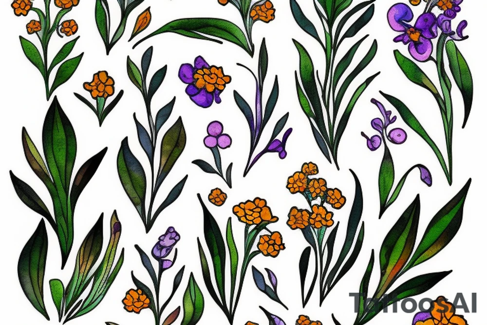 Marigold flower, larkspur flower and Lilly of the valley flower tattoo idea