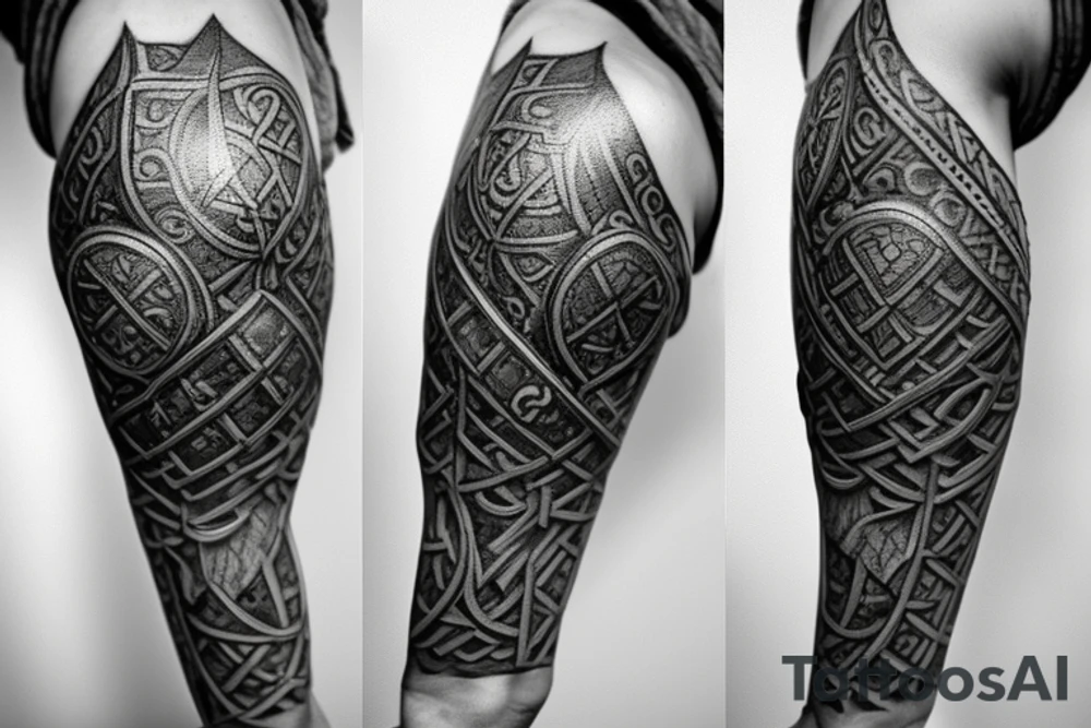 A dwarven council sleeve could feature intricate designs of the council members, their armor, weapons, and symbols, surrounded by scenes of dwarves mining, forging, and gathering in their underground halls. The design could also incorporate elements of the dwarven architecture, such as stone arches and columns, tattoo idea