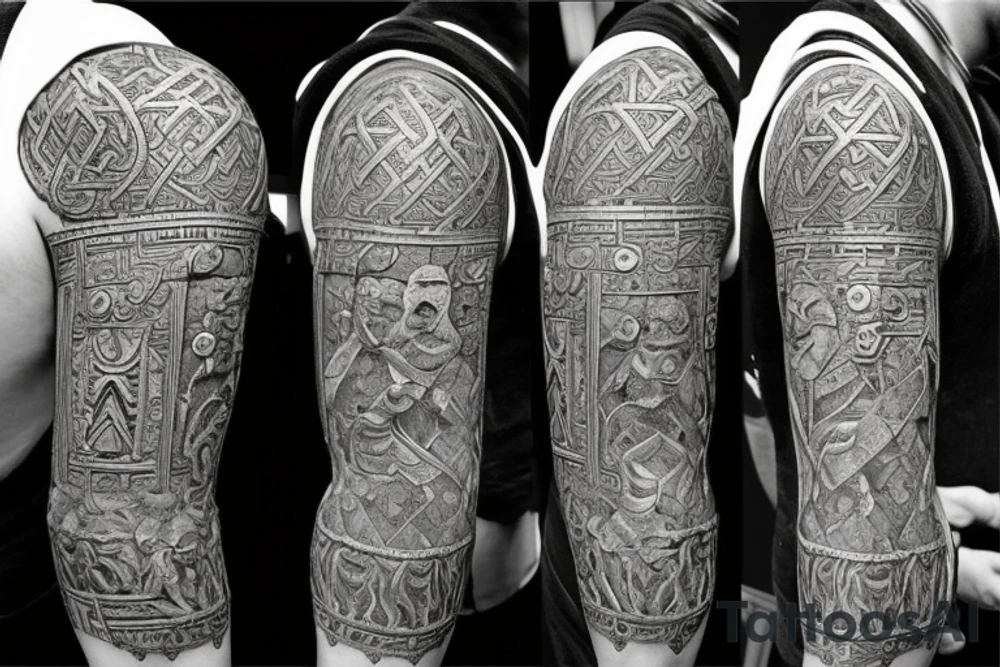 A dwarven council sleeve could feature intricate designs of the council members, their armor, weapons, and symbols, surrounded by scenes of dwarves mining, forging, and gathering in their underground halls. The design could also incorporate elements of the dwarven architecture, such as stone arches and columns, tattoo idea