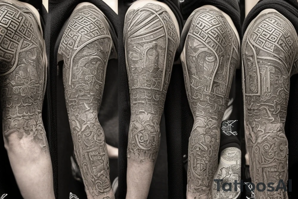 A dwarven council sleeve could feature intricate designs of the council members, their armor, weapons, and symbols, surrounded by scenes of dwarves mining, forging, and gathering in their underground halls. The design could also incorporate elements of the dwarven architecture, such as stone arches and columns, tattoo idea
