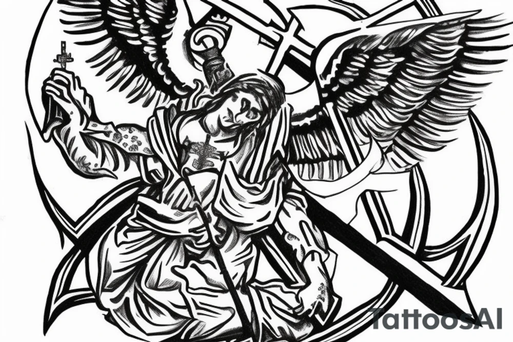 black and white cross that incorporates saint Michael the archangel in the center of the cross defeating the devil as a serpent with a tattered ribbon at the bottom that allows space for a bible verse tattoo idea