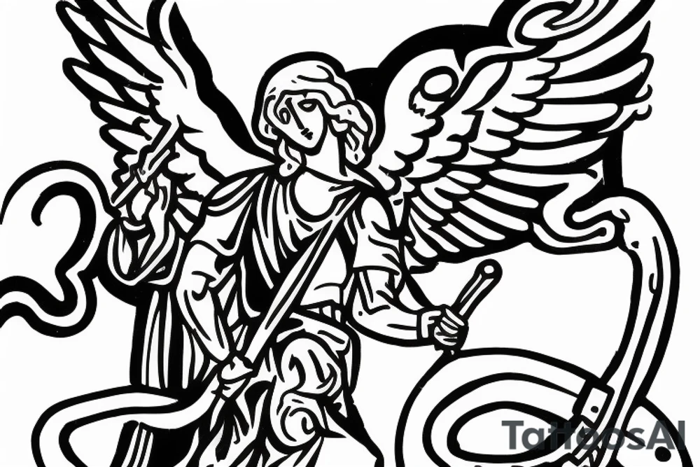 black and white cross that incorporates saint Michael the archangel in the center of the cross defeating the devil as a serpent with a tattered ribbon at the bottom that allows space for a bible verse tattoo idea