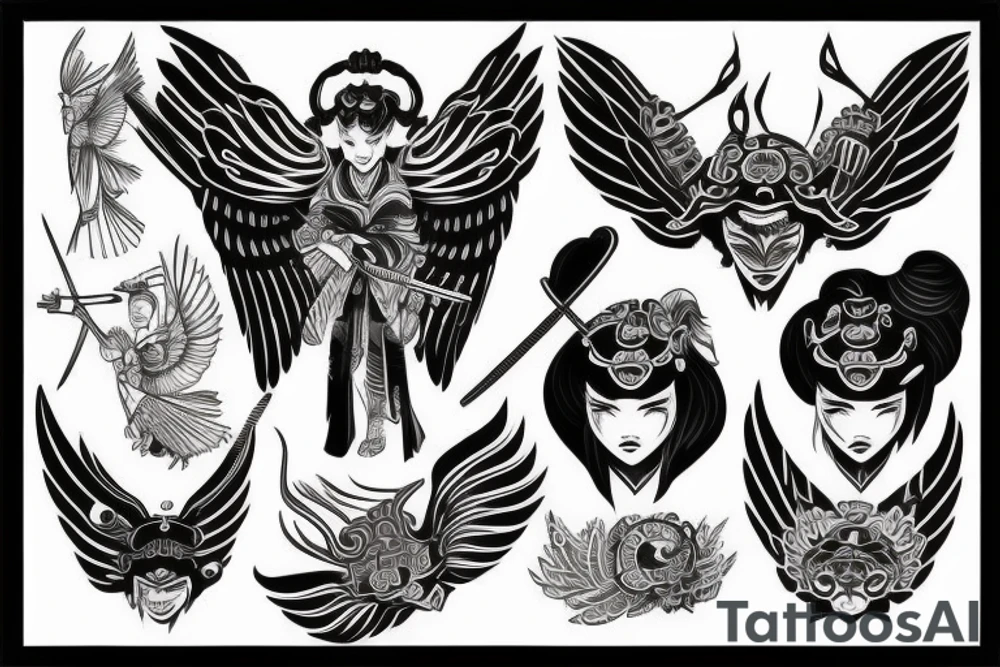 Samurai, female, wings, tattoo idea