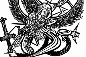 solid black gothic cross with saint Michael the archangel in the center of the cross defeating the devil as a serpent with a tattered ribbon at the bottom that allows space for a bible verse tattoo idea