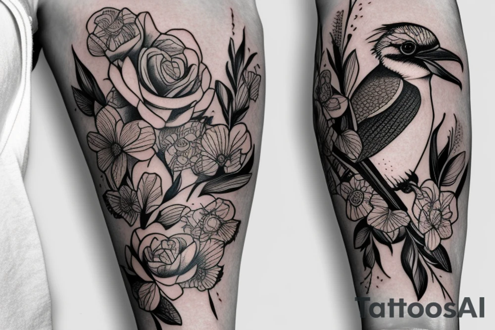 Kookaburra with rose and Jasmin flowers, half sleeve inner forearm tattoo idea
