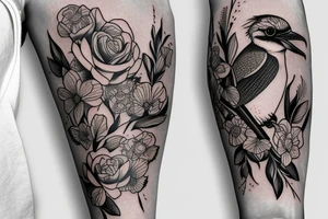 Kookaburra with rose and Jasmin flowers, half sleeve inner forearm tattoo idea