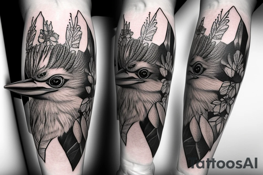 Kookaburra with rose and Jasmin flowers, half sleeve inner forearm tattoo idea