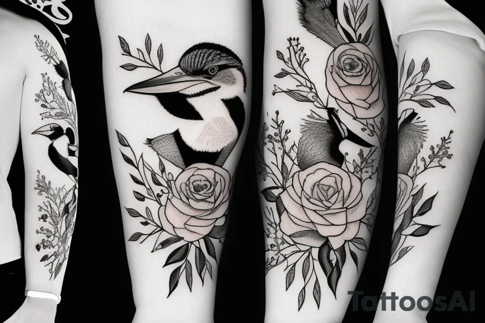 Kookaburra with rose and Jasmin flowers, half sleeve inner forearm tattoo idea