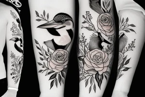 Kookaburra with rose and Jasmin flowers, half sleeve inner forearm tattoo idea
