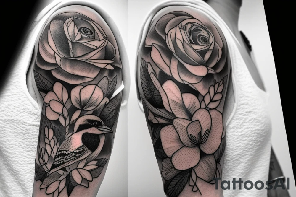 Kookaburra with rose and Jasmin flowers, half sleeve inner forearm tattoo idea