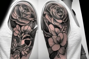 Kookaburra with rose and Jasmin flowers, half sleeve inner forearm tattoo idea