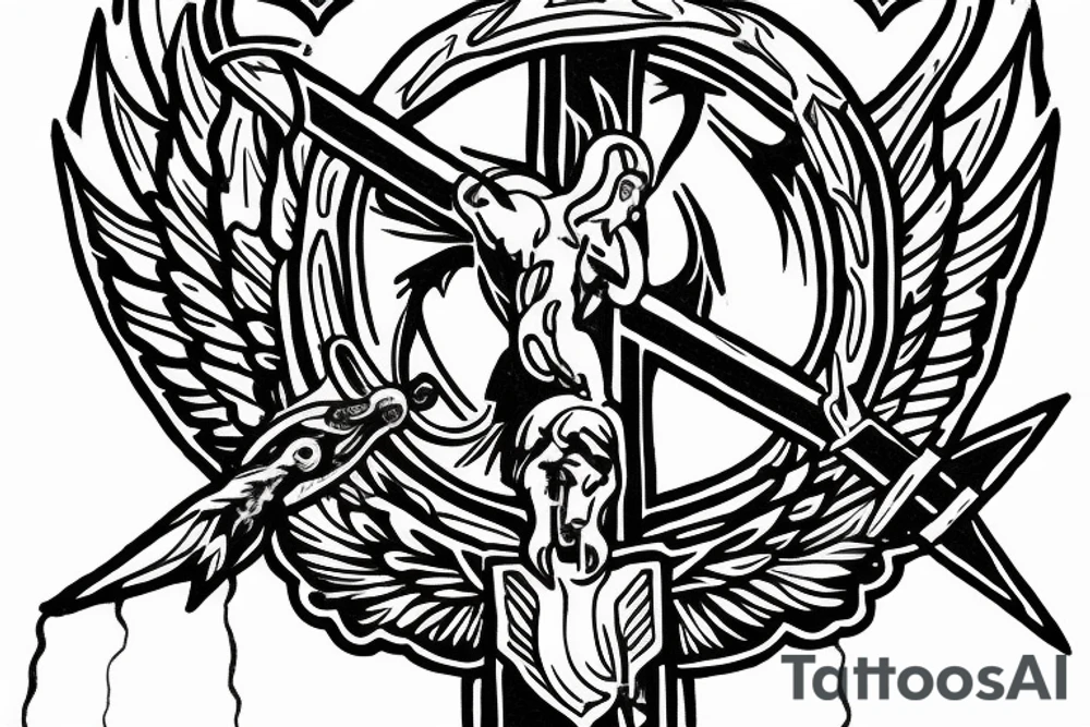 solid black gothic cross with saint Michael the archangel in the center of the cross defeating the devil as a serpent with a tattered ribbon at the bottom that allows space for a bible verse tattoo idea