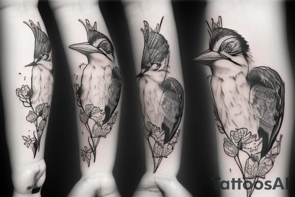 Kookaburra with rose and Jasmin flowers, inner forearm tattoo idea
