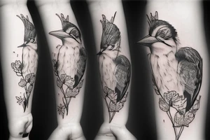 Kookaburra with rose and Jasmin flowers, inner forearm tattoo idea