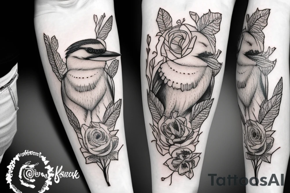 Kookaburra with rose and Jasmin flowers, inner forearm tattoo idea