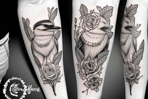 Kookaburra with rose and Jasmin flowers, inner forearm tattoo idea