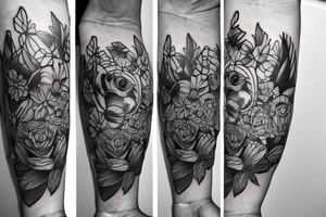 A small Kookaburra with a rose and Jasmin flowers coming out of it, inner forearm tattoo idea